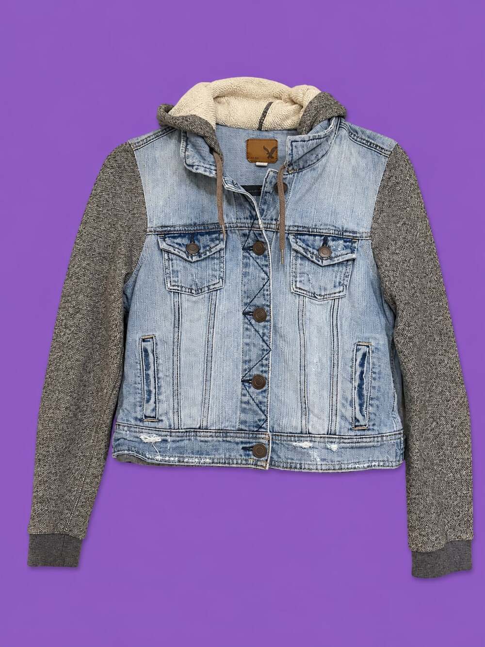 American Eagle Outfitters Distressed Denim Jean Jacket with Grey Knit Hoodie